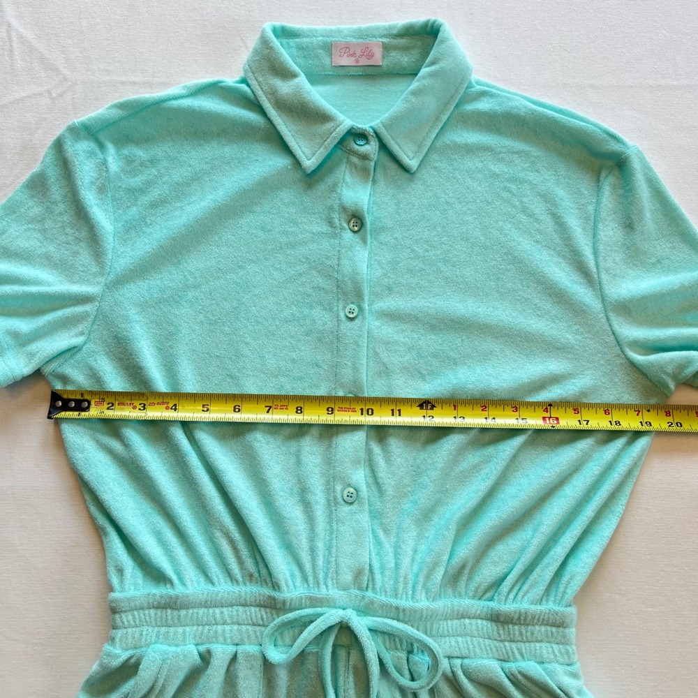 Pink Lily Mint Green Terry Cloth Button Front Romper Swim Coverup Size M - Picture 4 of 7